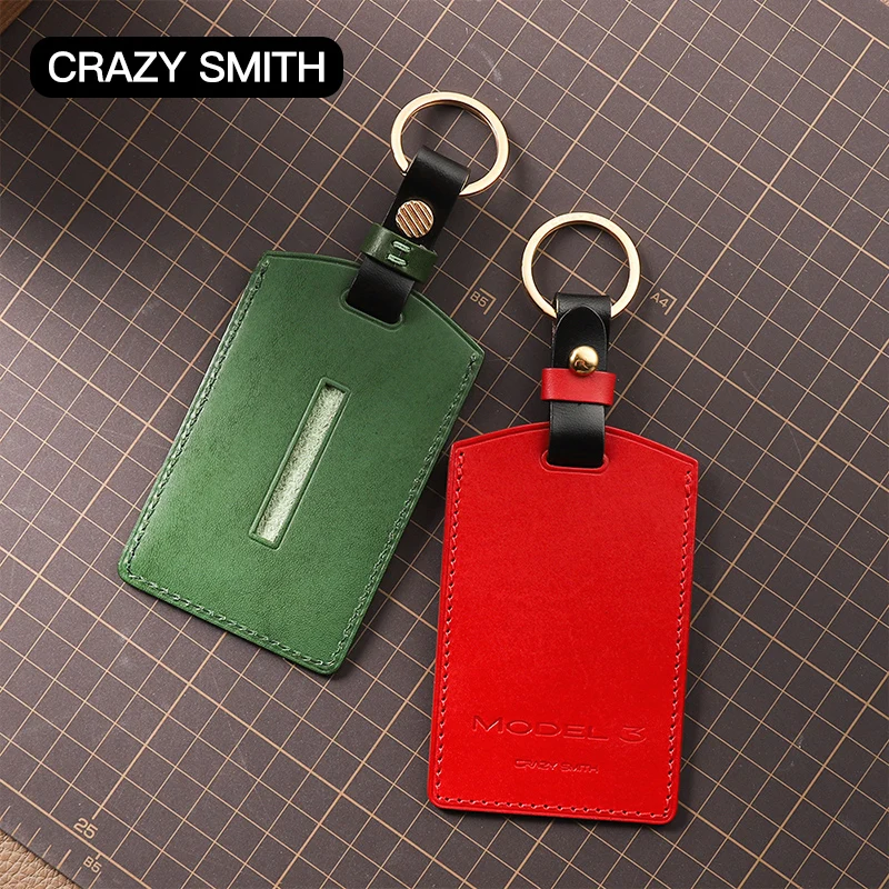 

Crazy Smith Handmade Car Key Cover for Tesla Model m3 Vegetable Tanned Leather High Quality Craftsmanship Father's Day Gift Red