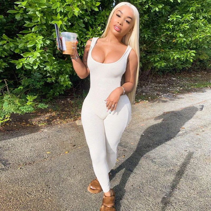 

NOVAINSPO Solid Low Cut Camis Sleeveless Ribbed Bodycon Jumpsuits For Women 2021 Summer Fitness Casual Basic Sportswear 1 Piece