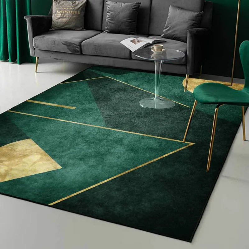 Alfombra de lujo para sala de estar, tapete de color verde oscuro, dorado, Simple, geométrico, para dormitorio, cabecera, personalización