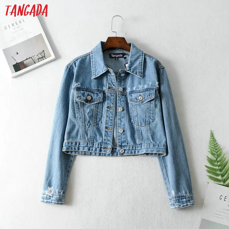 Tangada women short style denim jacket jeans korean fashion pockets short style jacket coat female high street tops FN106