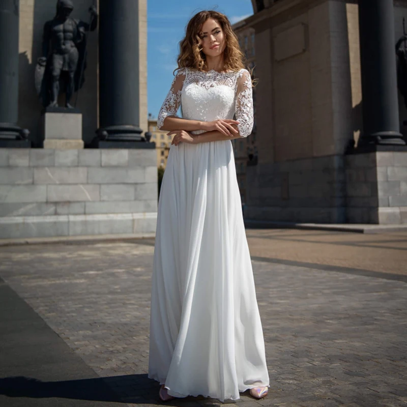

Vintage Three Quarter Sleeve O-Neck Wedding Dress 2021 A-Line Lace Appliques Chiffon Bridal Gown With Zipper Back Floor Length