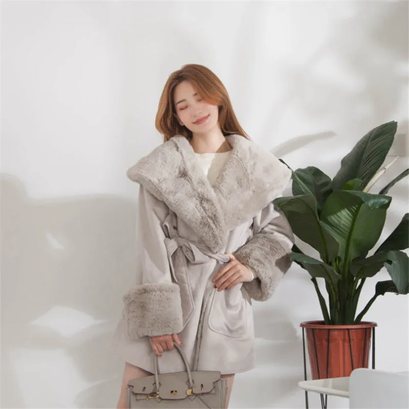 Women Suede Faux Hair Parkas Female Autumn Winter Thicken Oversized Velvet Outwear Womens Fur Collar Jacket Coat Ds50241