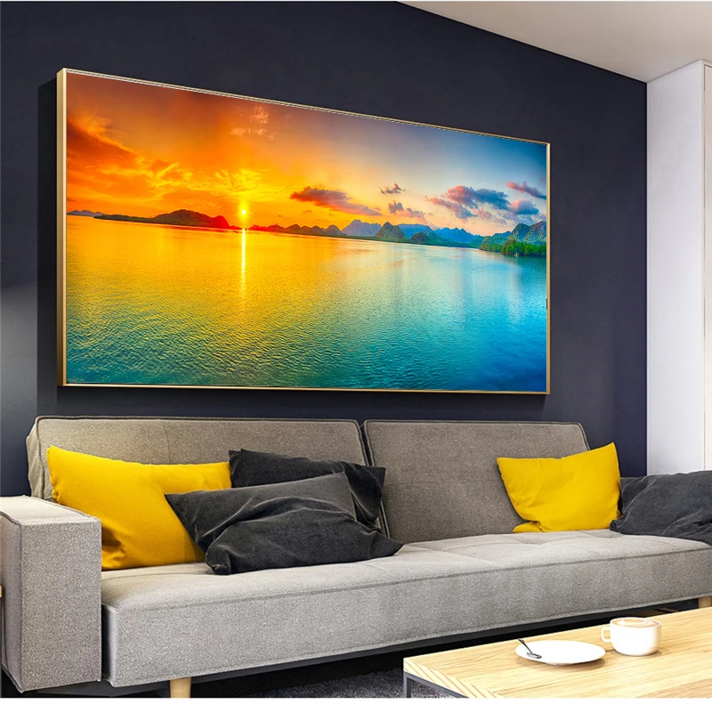 

Modern Landscape Posters and Prints Wall Art Canvas Painting Sunrise Sea Mountain Picture for Living Room Cuadros Decor No Frame