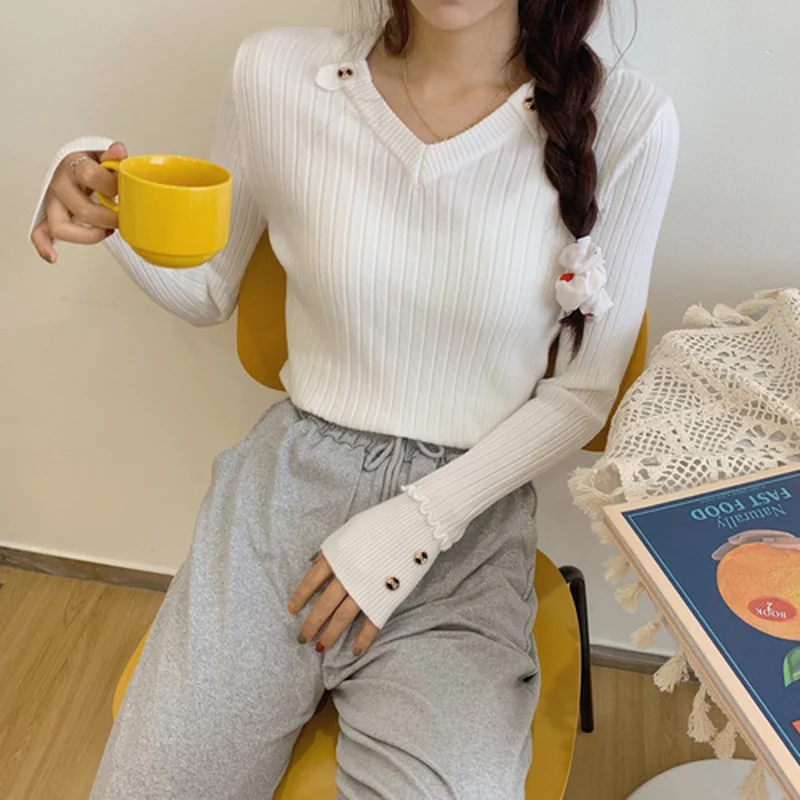 Свитер женский с V-образным вырезом однотонный в полоску 2021 | Женская одежда