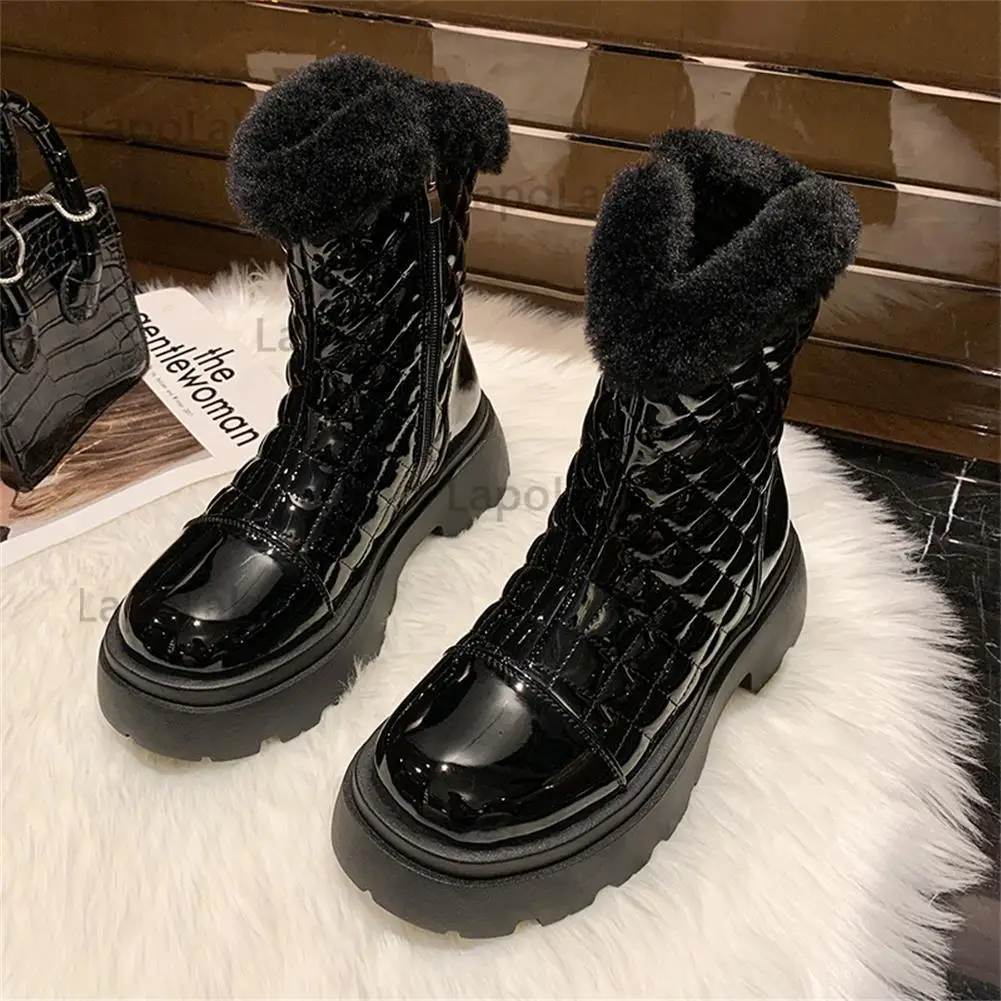 

Lapolaka Fashion Women Snow Boots Concise Warm Plush Zip Plaid Ankle Boots Faux Fur Med Platform Winter Women Shoes Party Dress