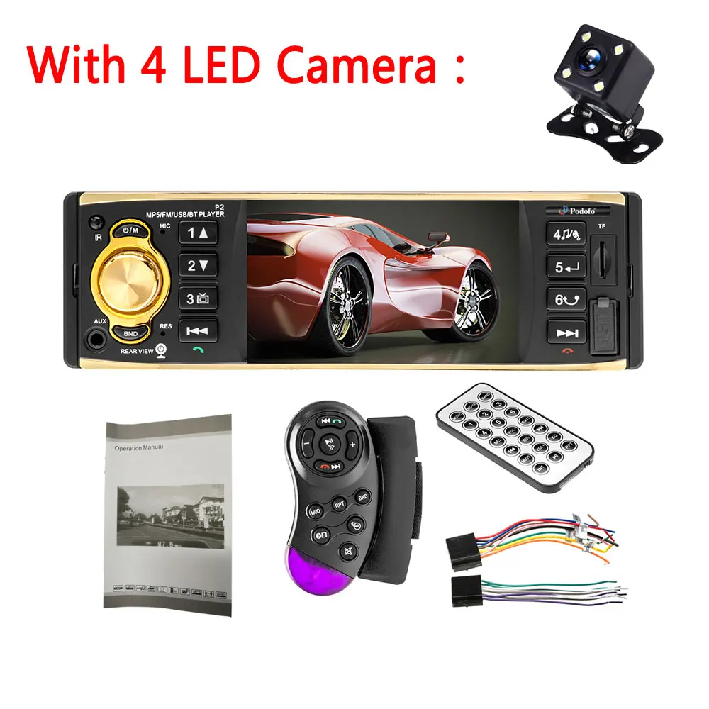 With 4LED Camera LeekooLuu 1 Din автомагнитола 4 ''MP4 видео Автомобильный плеер Bluetooth рулевое управление Дистанционное управление USB FM Авторадио Стерео Кассетный рекордер - Цвет: With 4LED Camera