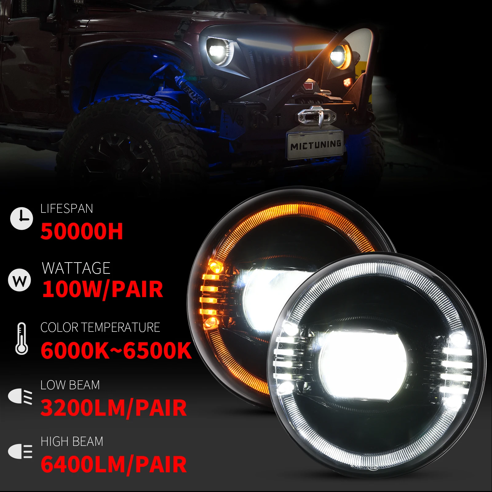 MICTUNING 7 дюймовая 100 Вт светодиодная фара дальнего света с DRL дневные ходовые огни