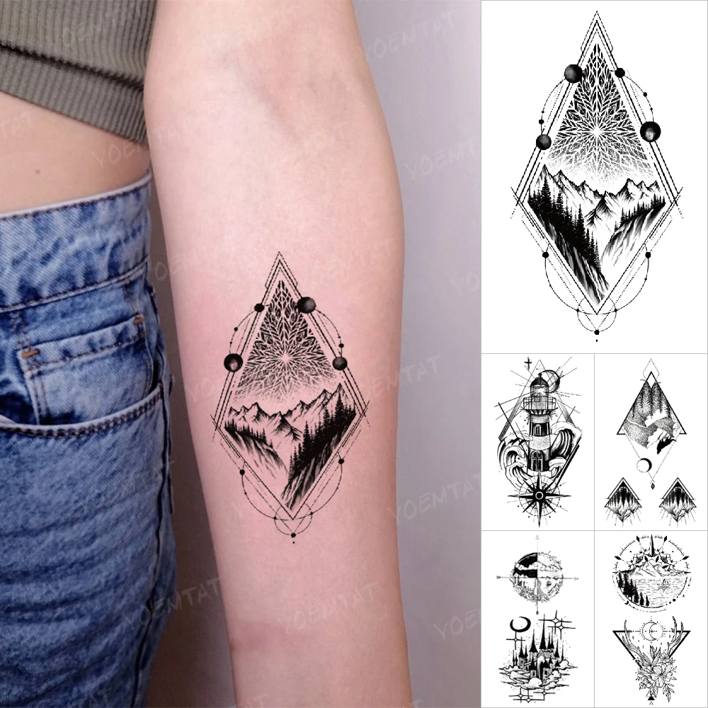 Waterproof Temporary Tattoo Stickers Mountain Forest Geometric Landscape Illustration Tatto Arm Body Art Small Tattoos Men Women  - buy with discount