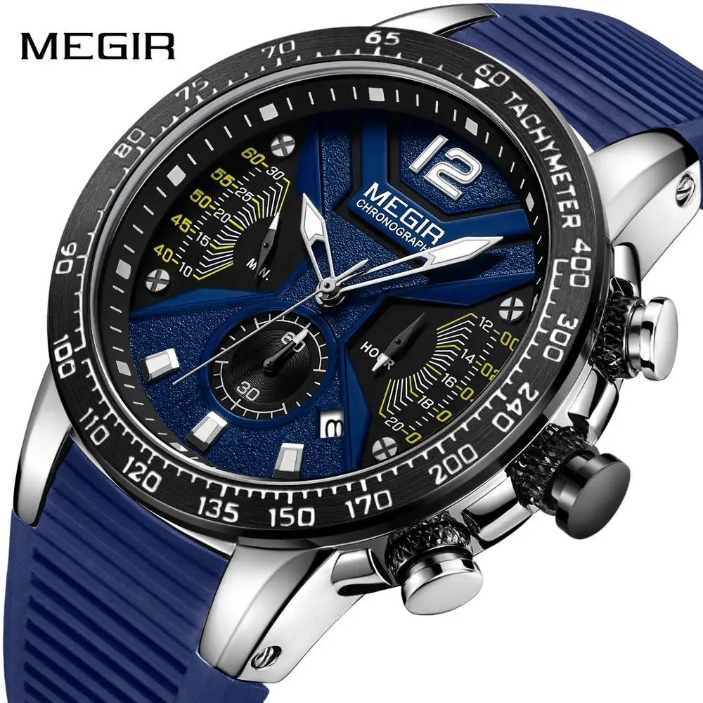 Relogio Masculino MEGIR мужские часы Силиконовые Спортивные Хронограф Кварцевые военные часы люксовый бренд Zegarek Meski Erkek Kol Saati
