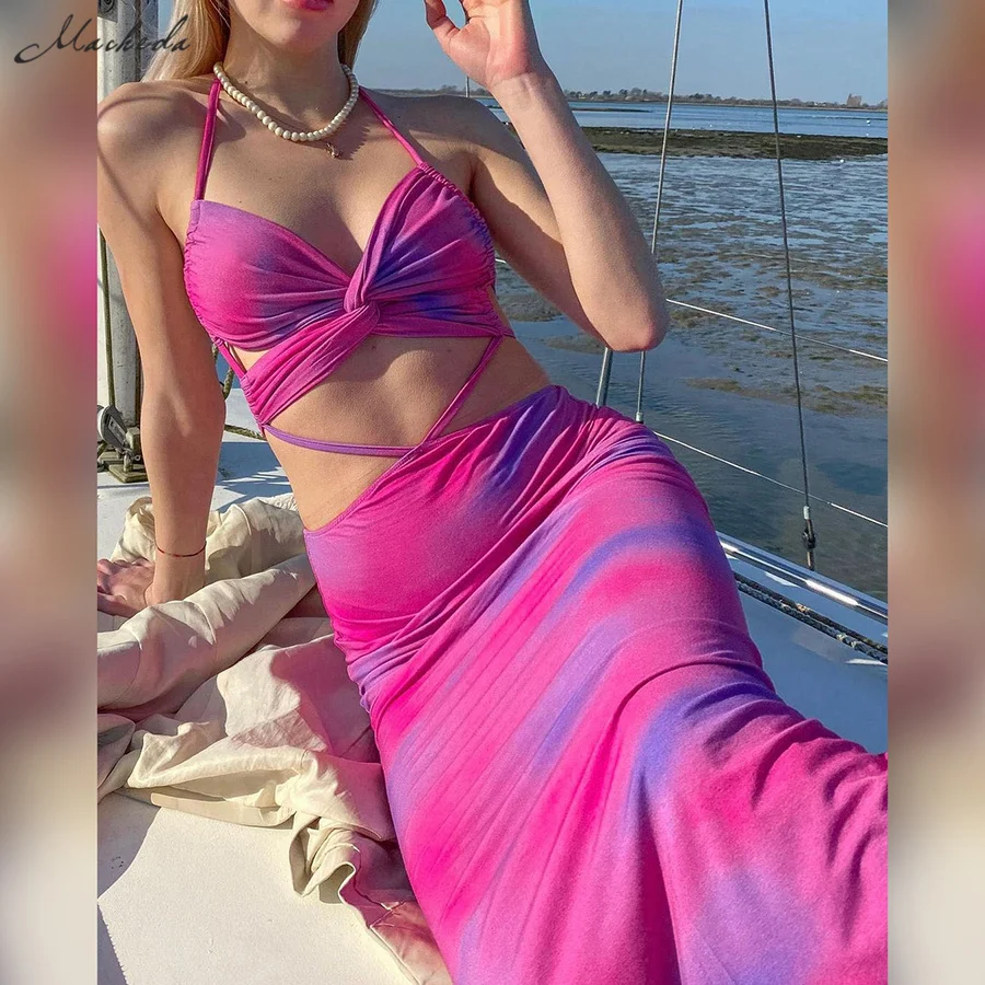 

Macheda Summer Solid Sexy Hollow out Backless Dress Women Fashion Lace Up Halter Sleeveless Clothing Lady Long Dresses 2021 New