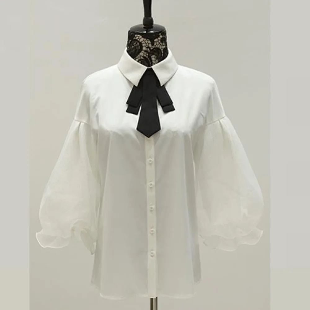 Женская блузка с рукавом фонариком женская мода однобортный винтажный топ