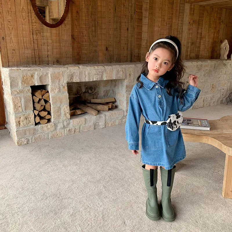 

Autumn 2021 new children's clothing girls' Korean denim dress baby loose solid color casual dress 2-208