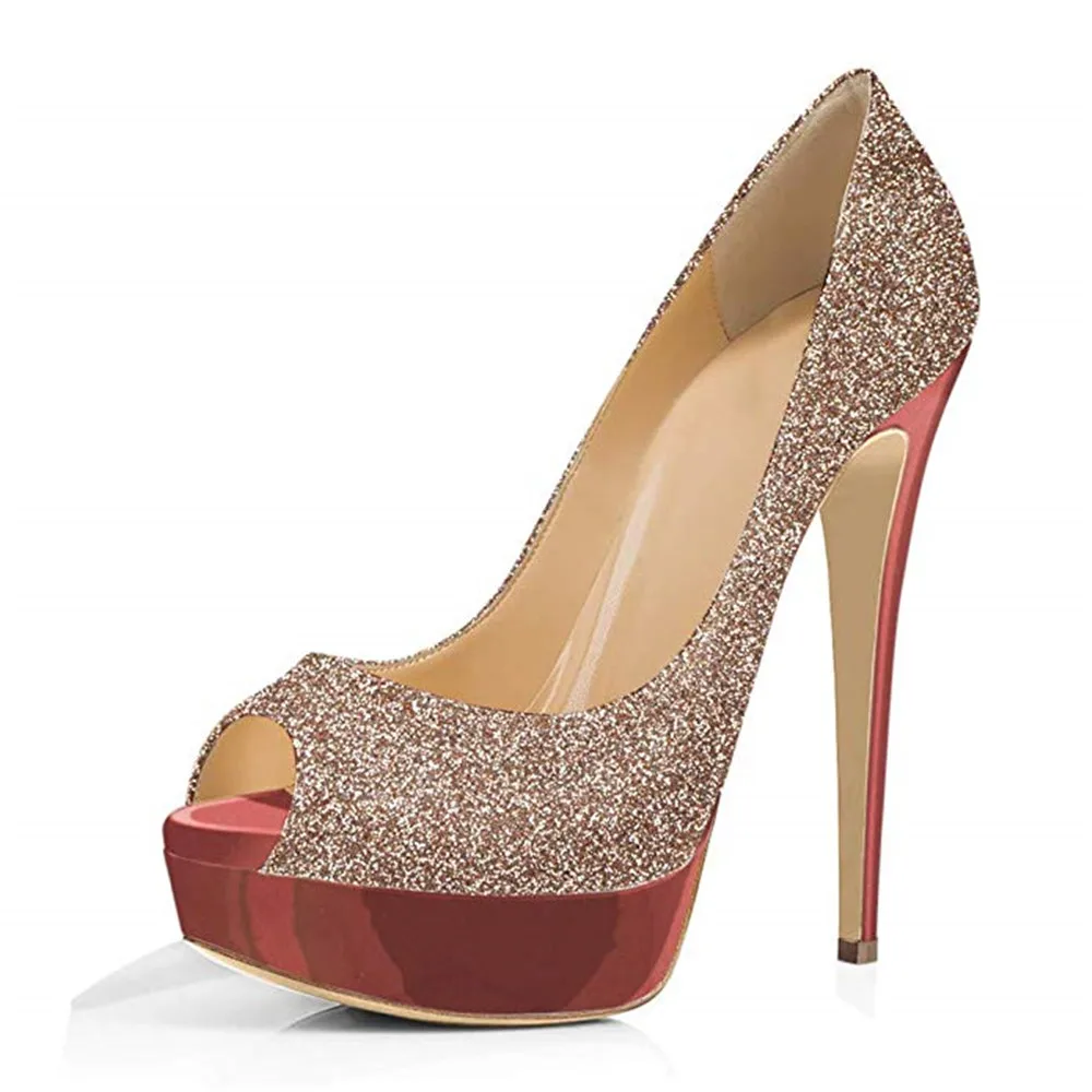 

Aiyoway Classic Hot Women Platform Pumps Sequined Cloth Sexy Peep Toe Slip On 12CM Thin Heels Waterproof Wedding Praty Shoes