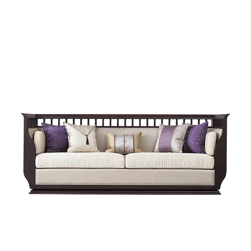 

Light luxury new Chinese all solid wood leather sofa Zen modern Chinese living room sofa combination furniture