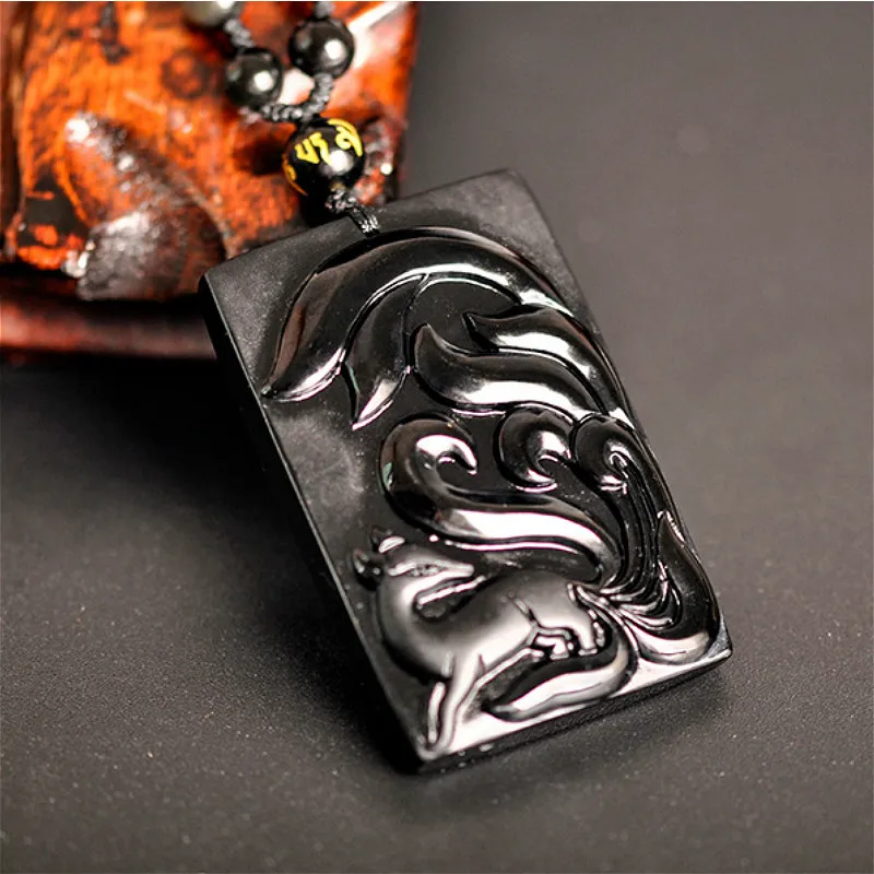 Резной черный обсидиан с девятью хвостами лисы нефрита кулон ожерелье китайская