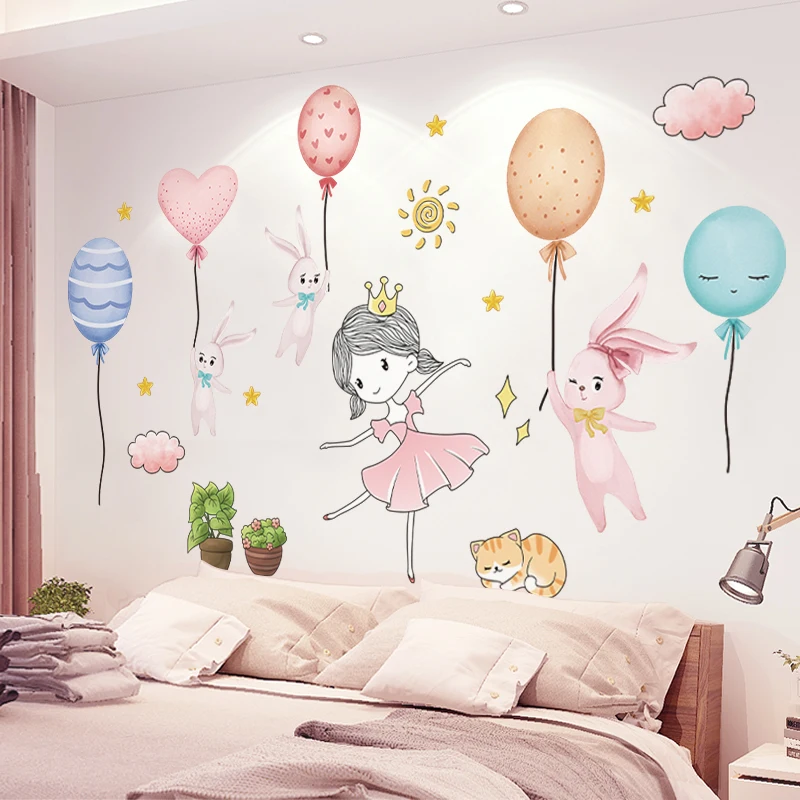

[shijuekongjian] Cartoon Girl Dancer Wall Stickers DIY Rabbits Balloons Wall Decals for Kids Rooms Baby Bedroom House Decoration