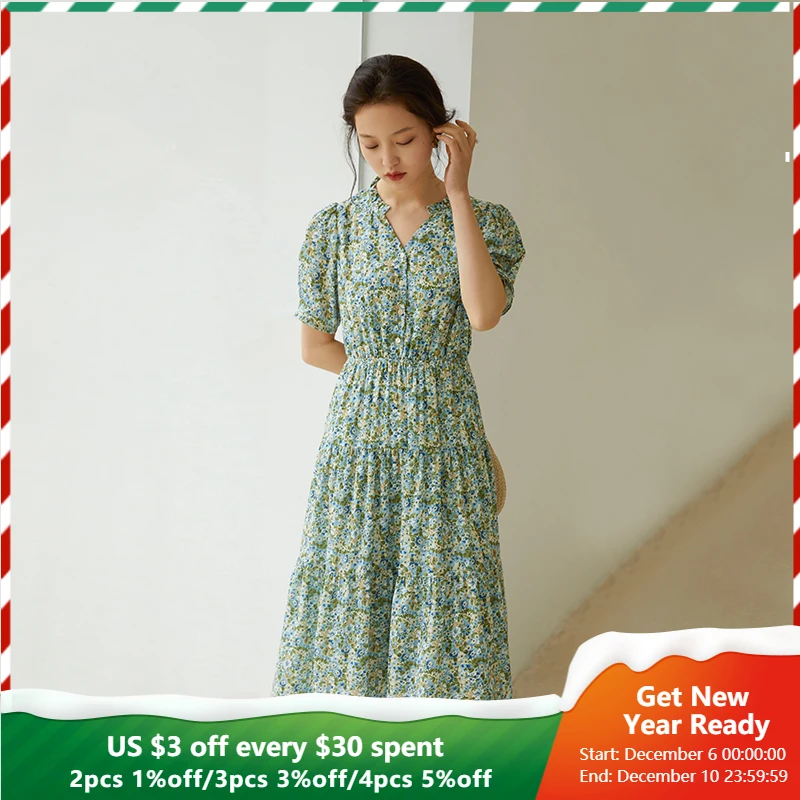 

FANSILANEN Office Lady French Floral High Waist Dress Women Summer 2021 New Sweet Style Green Long Boho Dress For Women