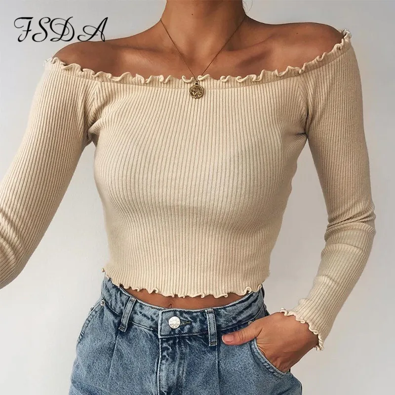 Женский укороченный Топ с длинным рукавом FSDA повседневная трикотажная футболка
