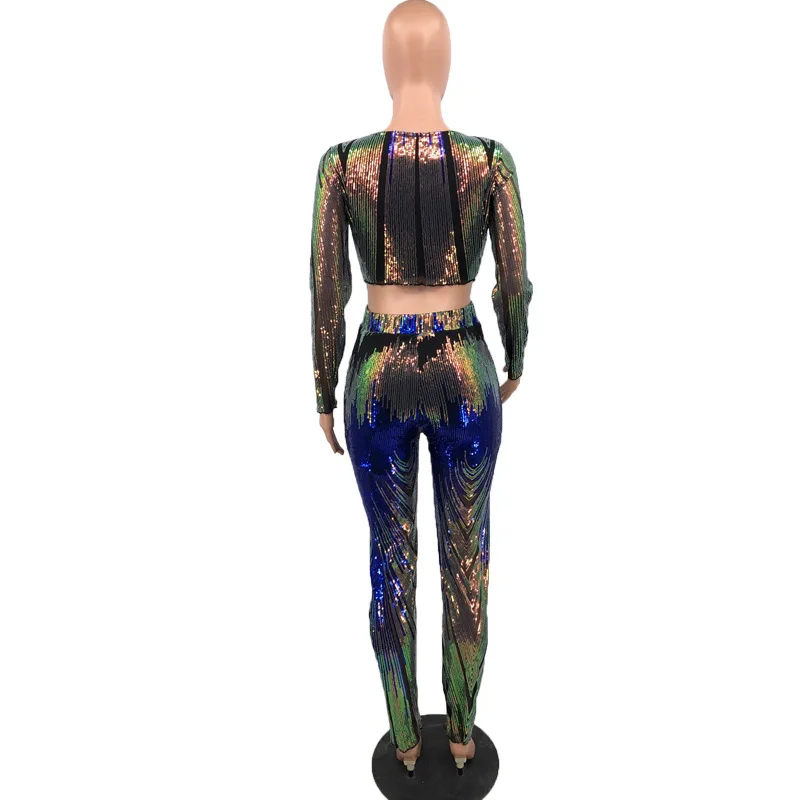 

Women Party Suit Sexy Sequin Crop Tops Charming Slim Two Piece Set Bodycon Long Pencil Pants Streetwear Lady Fancy Clothes