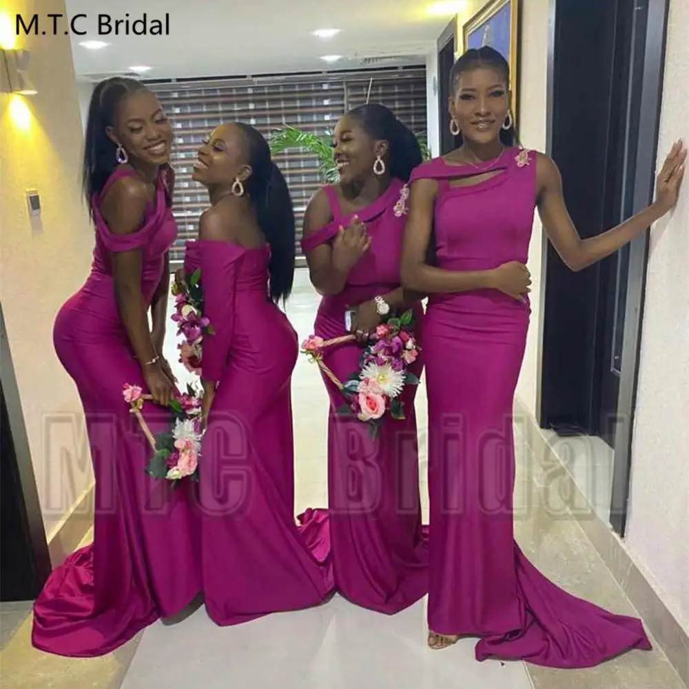

New Arrival Fuchsia Mermaid African Bridesmaid Dresses Plus Size Elastic Satin Long Maid Of Honor Dress Customize Robe De Soiree