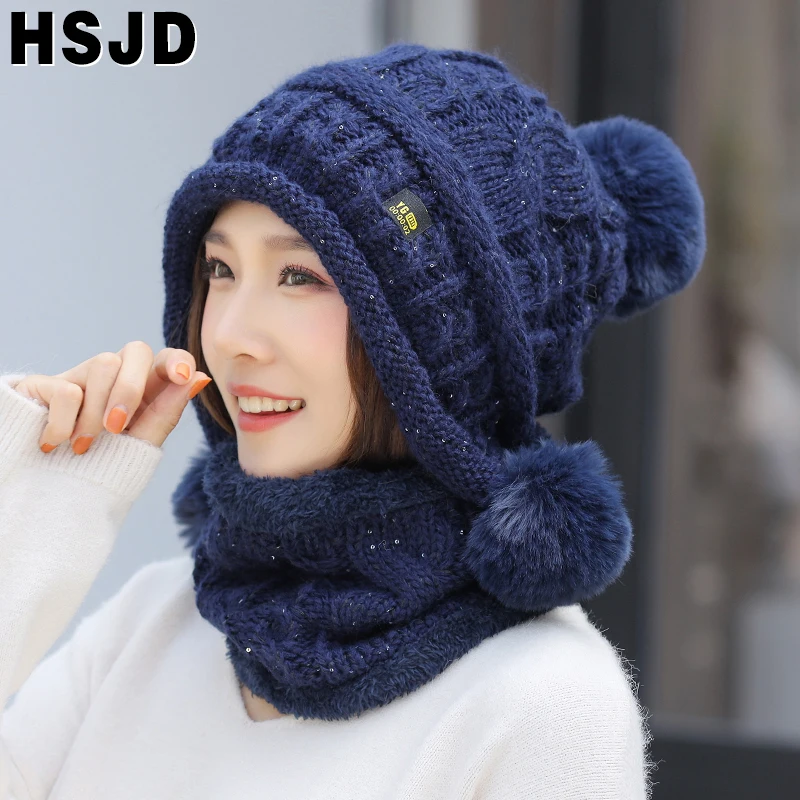 Зимние шапки для женщин с блестками вязанные шарф и шапка милые теплые тремя