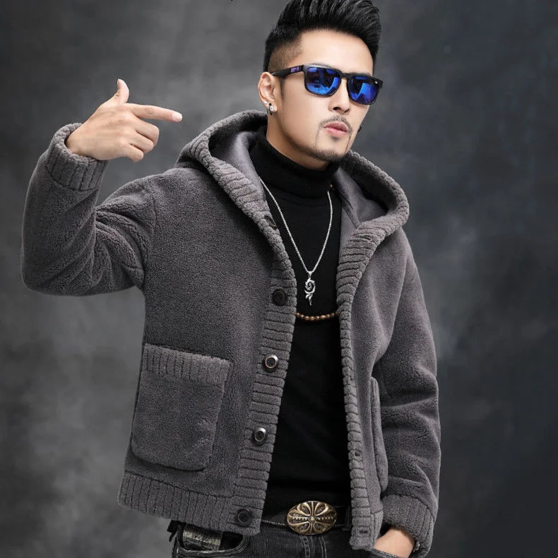 

Sided Double Wear Grain Sheep Sheared Cashmere Men's Wool Jacket Fur One Short Hooded Haining Fur Coat