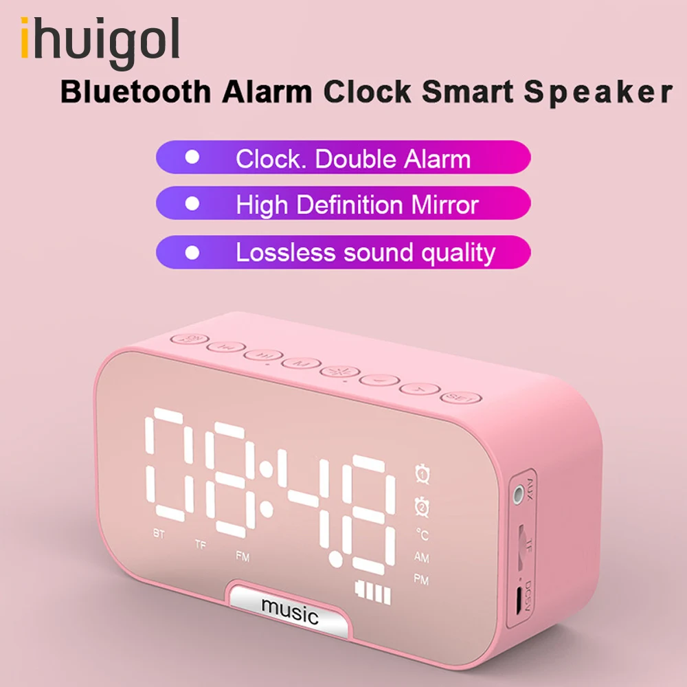 

ihuigol Portable Bluetooth Wireless Speaker Multifuction FM Radio TF Card AUX Cable Music Loudspeaker Alarm Clock Mirror Boombox