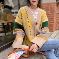 loose knitted sweater cardigan casual multicolor stitching coat single breasted v neck student youth fashion coat autumn winter