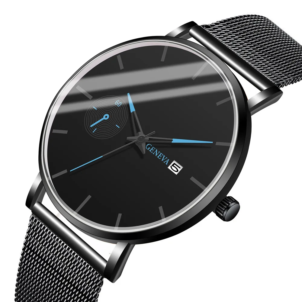 Модные мужские часы с тонким сетчатым ремешком минималистичные наручные для
