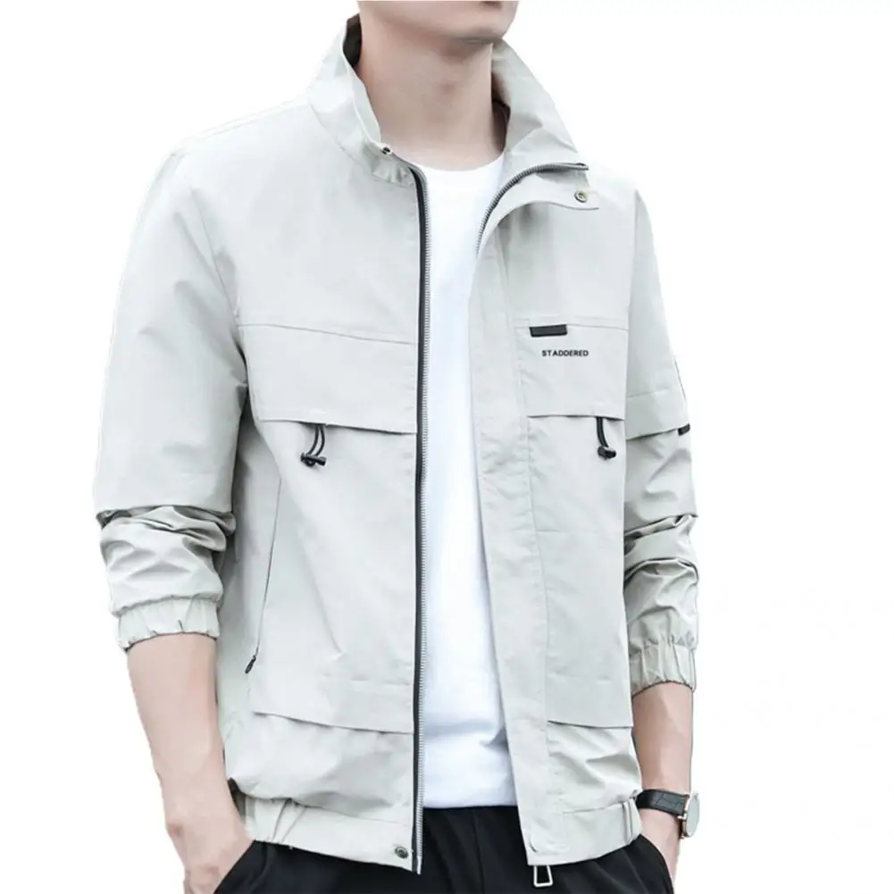 

Great Spring Jacket Stand Collar Jacket Soft Multi Pockets Casual Men Coat