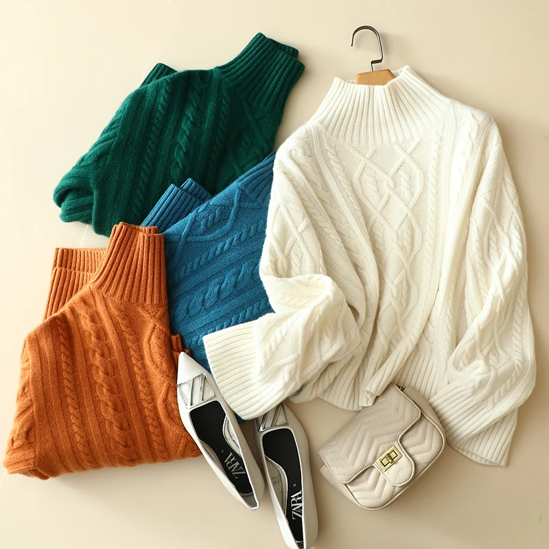 

Sweater Women 100% Cashmere Turtleneck Loose Design Raglan Long Sleeves Solid 4 Colors High Quality Pullover Top New Fashion