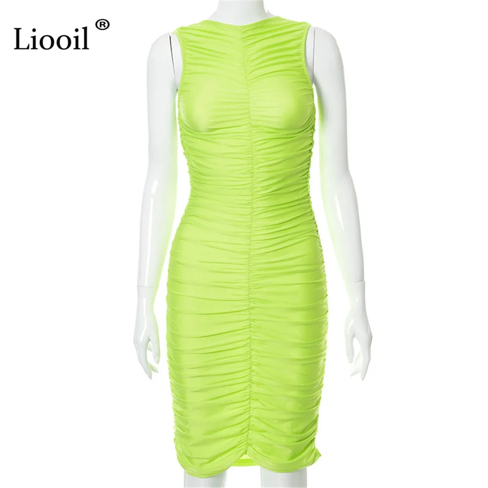 

Liooil Sexy Ruched Bodycon Midi Tank Dress Women New Summer 2021 Streetwear Sleeveless O Neck Green Party Draped Tight Dresses