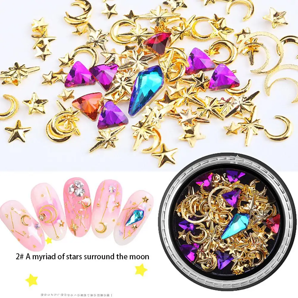 MeterMall Nail Art Gold Strass Star Moon Decor Mix 3D Rhinestones Beads AB Sequins Shiny Glitter Charm Gem Manicure Accessories