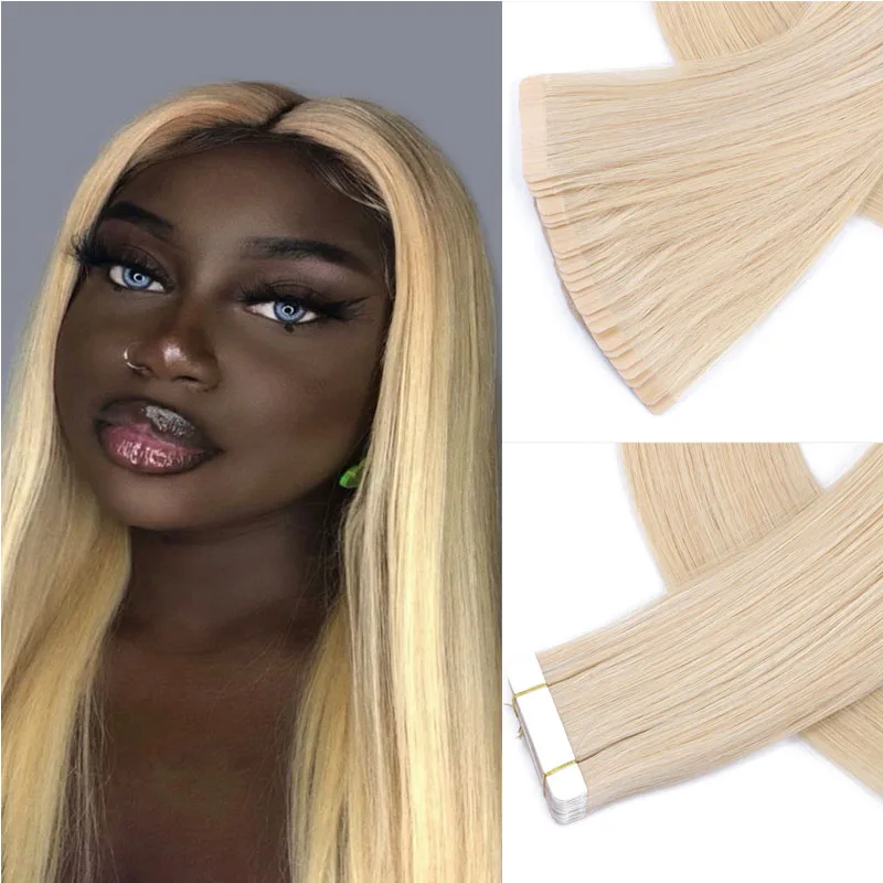 

Remy 100% Human Hair Tape Double Sided Skin Weft Tape in Extensions Prebonded Tipped Platinum Ash Blonde Glue