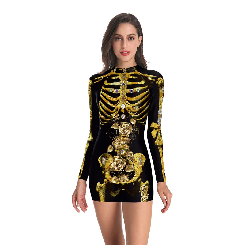 

New Golden Skeleton Long Sleeve Costume Cosplay Halloween Thriller Costume Women Pack Hip Dress Horror Anime Performance Costume