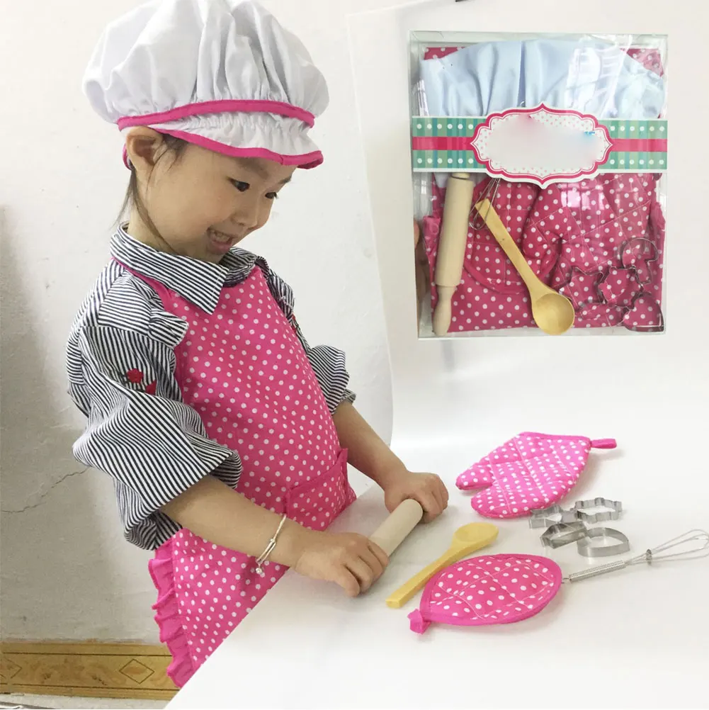 

Apron for Little Girls Kids Cooking Baking Set Chef Hat Mitt & Utensil for Toddler Dress Up Chef Costume Girl Role Playing Toys