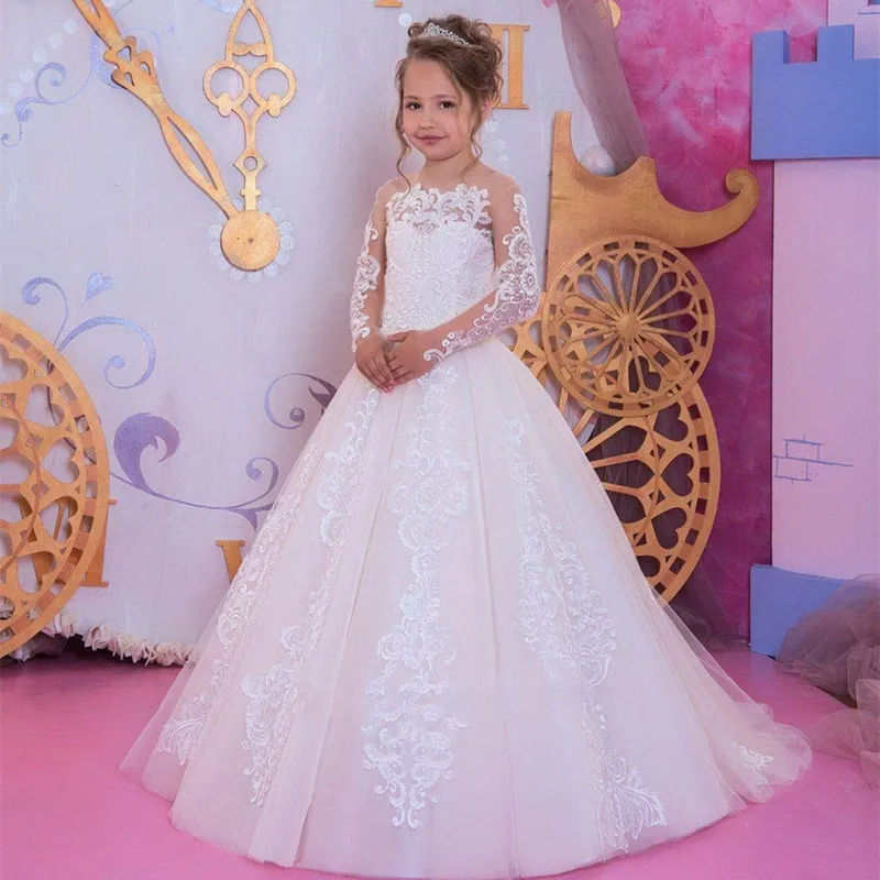 White Ivory  Lace applique Flower Girl Dresses For Wedding Long sleeve Lace Princess Girl Formal Dress First Communion Dress white flower girl dresses for wedding party embroidered sleeveless princess girl formal dress first communion dress