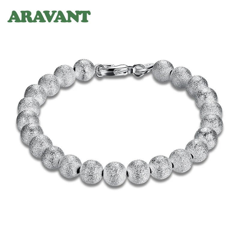 925 серебро 8 мм скраб бисера браслет цепь для женщин Свадебные ювелирные изделия -
