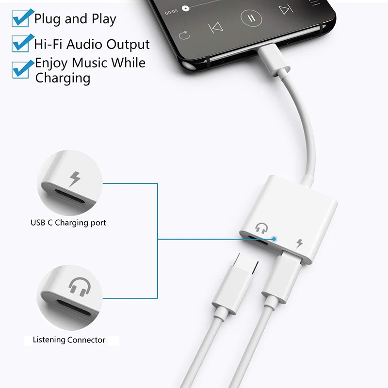 Сплиттер Type C для Samsung Galaxy S20 Ultra 2 в 1 USBC адаптер Note 10 Plus DAC зарядное устройство