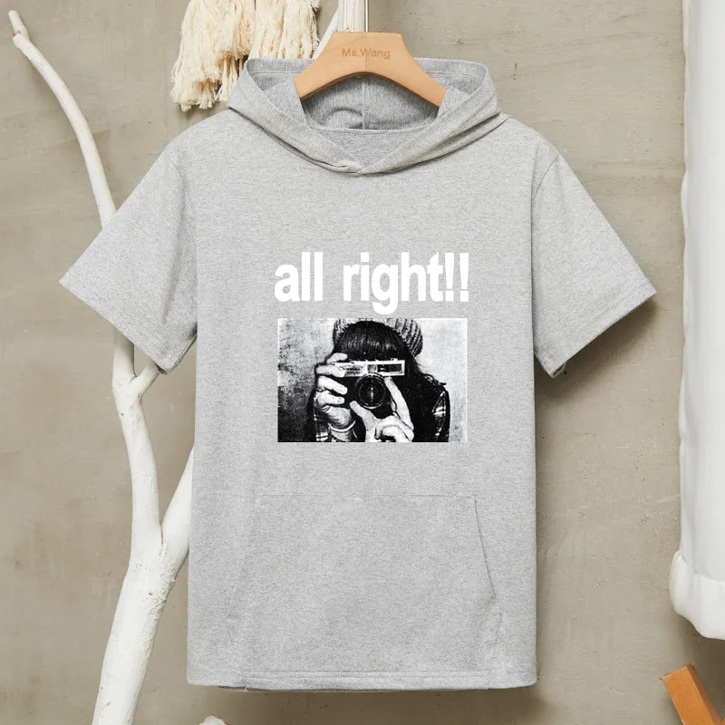 Женская футболка большого размера модная летняя с капюшоном и карманом Harajuku