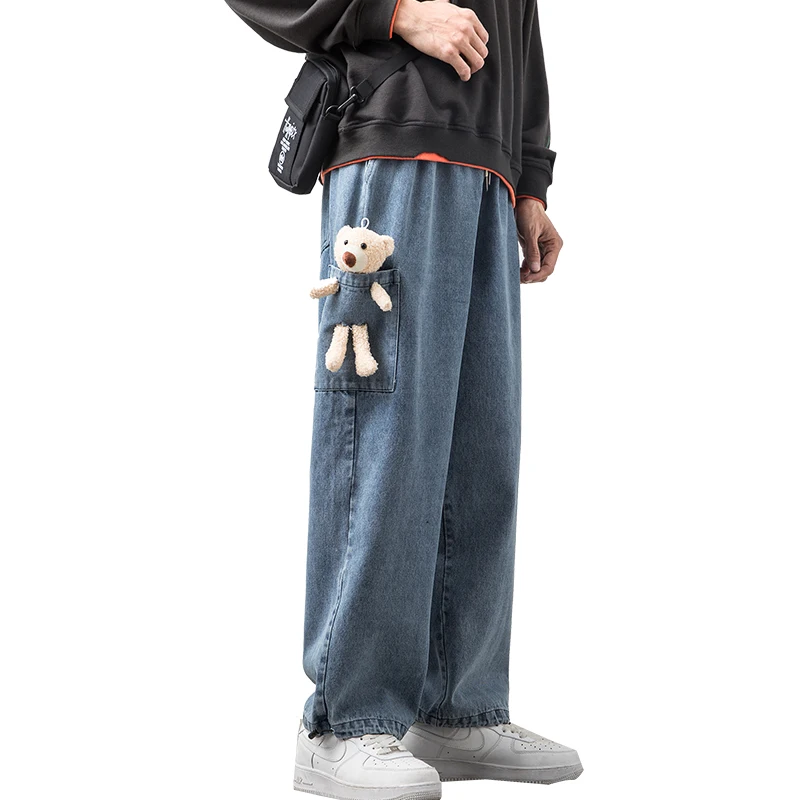 

Winter Fashion Korean Loose Plus Size Fleece Casual Jeans Men Clothing Hip Hop Kpop Bear Doll Oversized Denim Cargo Trousers