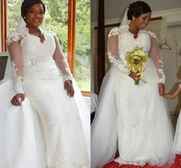 african lace wedding dresses 2021 detachable skirt elegant long sleeves pearls long bridal gowns with appliques