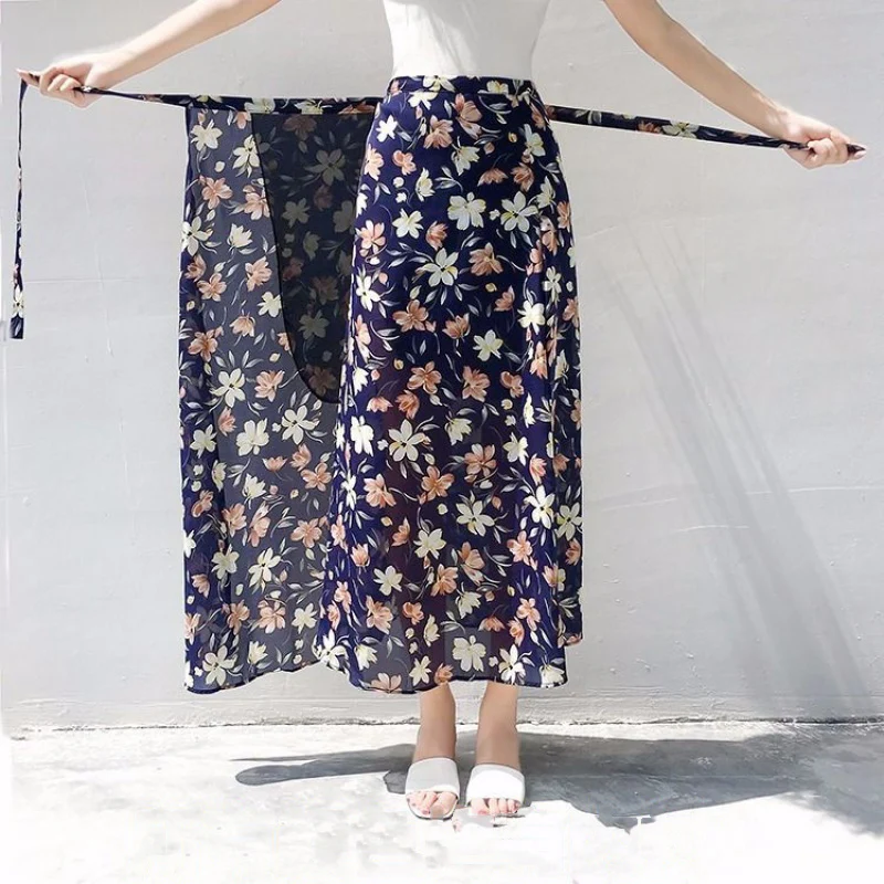 Mujer Elegant High Waist Frilled Chiffon Skirts Harbour Breeze Sun-Proof Beach Skirt Chic One-Piece Fishtail Fairy Skirt Lace-Up