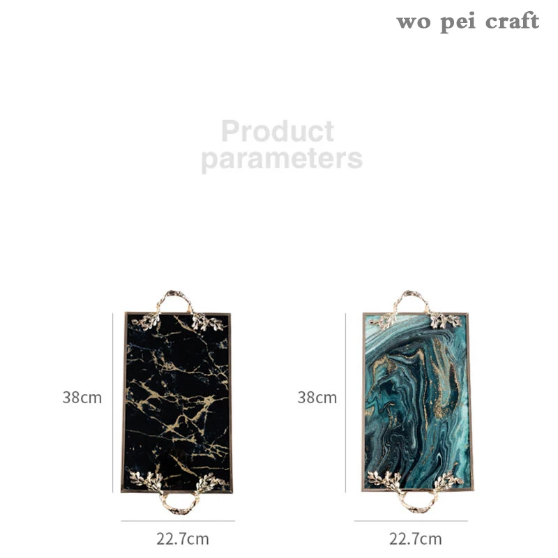 

Nordic Agate Marble Texture Tray Gold-plated Glass Fruit Bowl Dessert Tray Jewelry Storage Trays Decoration Golden Handle