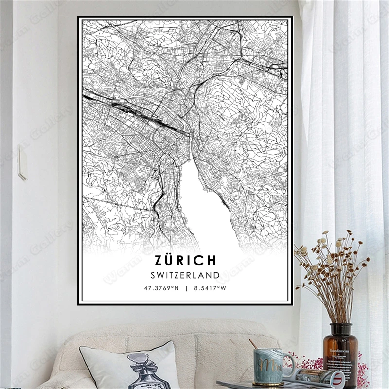 Карта города Швейцарии карта Лондона Ранняя Картина на холсте черно-белая