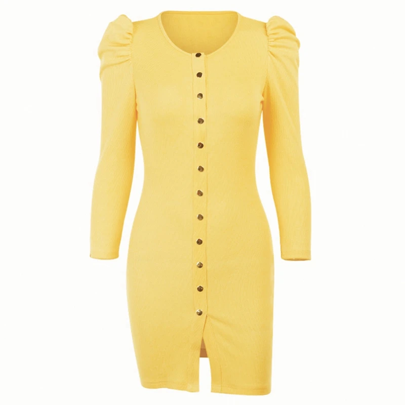 

2 Pcs Dress: 1 Pcs Hollow Swing Lace Dress Dress White M & 1 Pcs Knitted Puff Sleeve Women Bodycon Dress Yellow S
