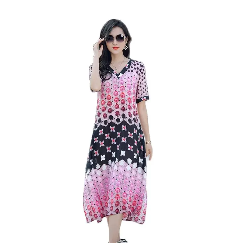 TML211513 New 2021 Brand Noble Socialite High-End Silk Temperament Printed Loose Large Size 100% Silk Dress