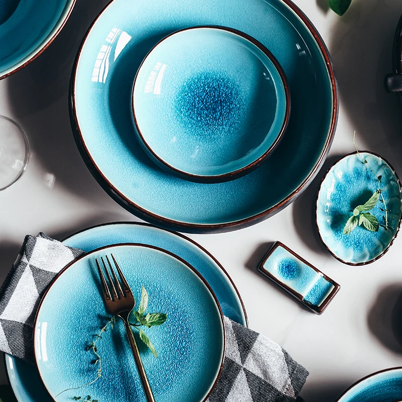 Ice Cracking Glaze Ceramic Tableware Household Dishes Rice Bowls Steamed Fish Porcelain Blue Dinner Plates cutlery set | Дом и сад