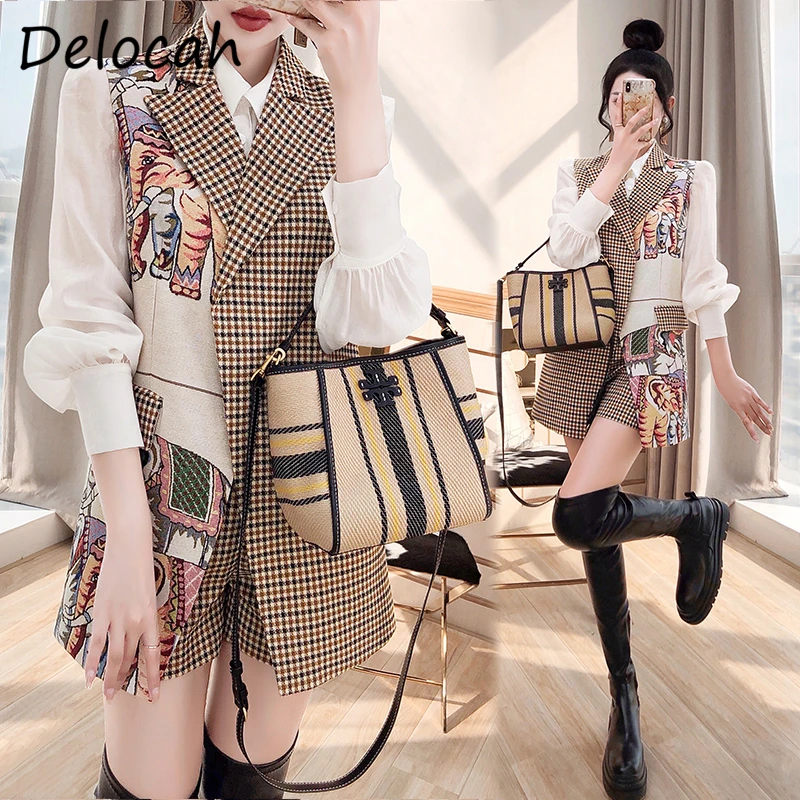 Фото Delocah New 2021 Autumn Women Fashion Runway Shorts Set Sleeveless Vintage Print Vest+High Waist Plaid 2 Two Pieces Suits Delocah New 2021 Autumn Women Fashion Runway Shorts Set Sleeveless Vintage Print Vest+High Waist Plaid 2 Two Pieces Suits