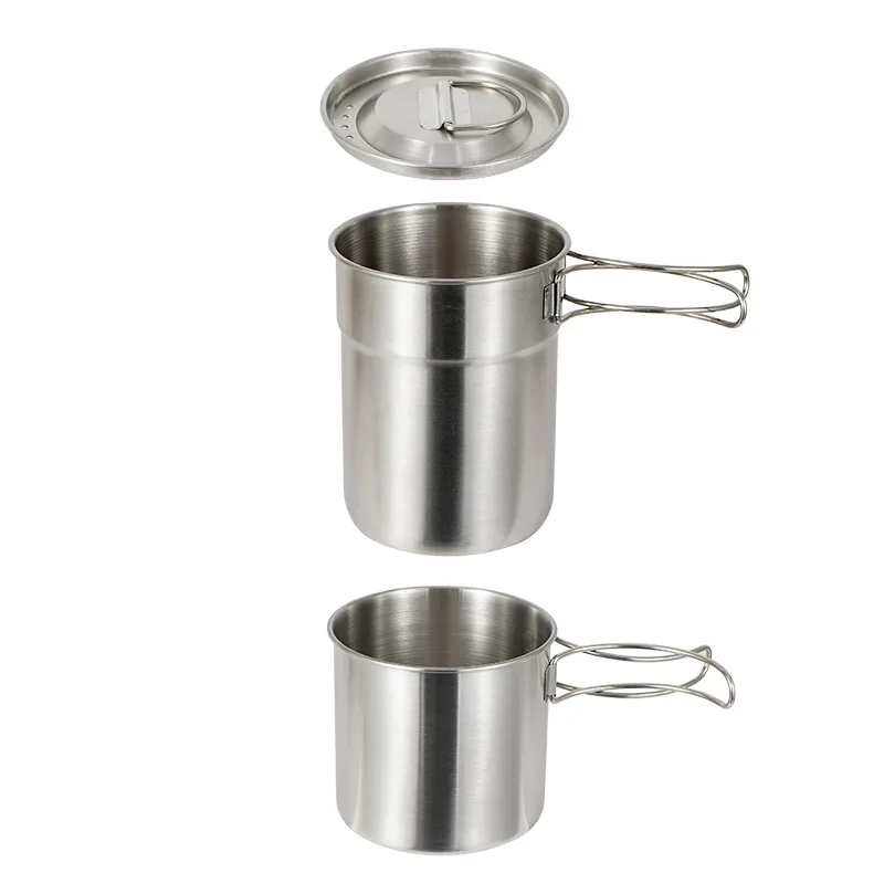 2Pcs Stainless Steel Pot Portable Camping Water Mug Cup with Folding Handle Picnic Cookware Set | Спорт и развлечения